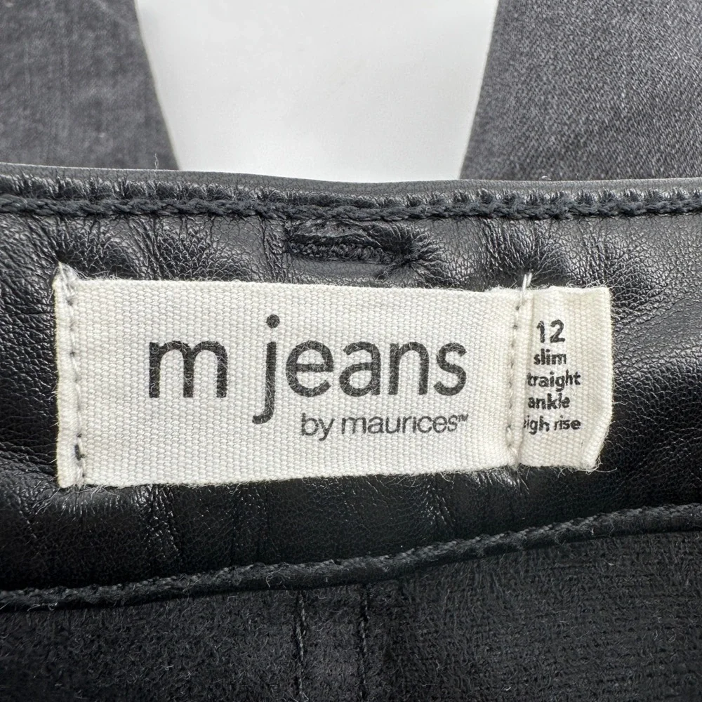 Maurices M Jeans Womens 12 Short Slim Straight Ankle Faux Leather Trim Black